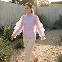 Chemisier Romantique Pastel Transparent à Volants, Blouse Sexy en Organza à Manches Lanterne, Haut Esthétique Coquette Vintage pour Femme, Personnalisable OEM
