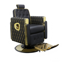 Fauteuil de Barbier Hydraulique Capitonnée Dorée Inclinable Pivotant avec Repose-Pieds Réglable et Base Ronde