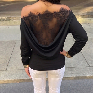 Black Sexy Lace <b>Patchwork</b> Cut Out Backless Cowl Neck Off Shoulder Waist Long Sleeve T Shirt for Women - Product Image 2