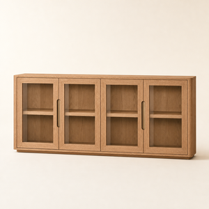 Buffet contemporain en chêne à grain riche <span class=keywords><strong>de</strong></span> <span class=keywords><strong>la</strong></span> région <span class=keywords><strong>de</strong></span> <span class=keywords><strong>Bretagne</strong></span> avec portes vitrées, courbes arrondies, étagère intérieure pour <span class=keywords><strong>la</strong></span> décoration <span class=keywords><strong>de</strong></span> <span class=keywords><strong>la</strong></span> salle à manger - Product Image 1