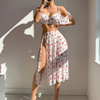 Ensemble Lingerie Femme Imprimé Léopard, Babydoll Chemise de Nuit, Soutien-Gorge et String 3 Pièces, Fente Latérale en Maille Blanche Transparente