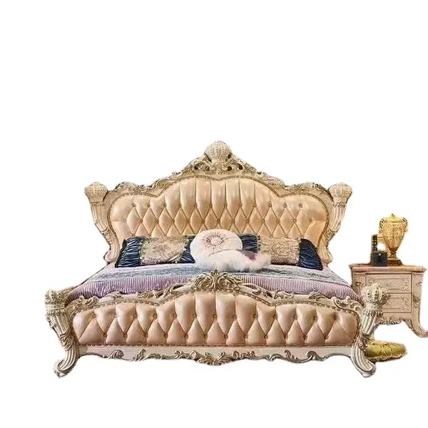طقم غرفة نوم كلاسيكي أوروبي من الخشب الأبيض الكلاسيكي حجم مزدوج كبير الحجم مصنوع من الجلد الذهبي المنقوش التقليدي مخصص للفنادق