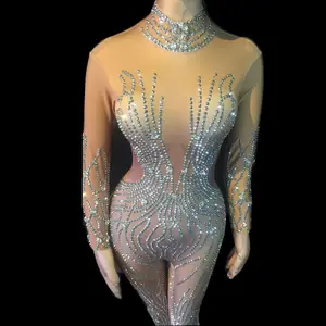 Соблазнительный женский костюм, эластичный Облегающий комбинезон телесного цвета со стразами, клубный танцевальный комбинезон для представлений, комбинезон, сценический костюм