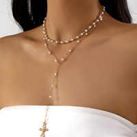 Collier croix vintage orné de diamants pour femme, personnalisé, à plusieurs couches, longue chaîne, pendentif pompon, en alliage de zinc