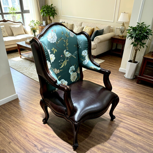 Two Tone Wingback Solid Wood Accent Chair Floral Jacquard Fabric <b>Dark</b> Brown PU Rivet Trim Cabriole Leg Living <b>Room</b> Armchair - Product Image 1