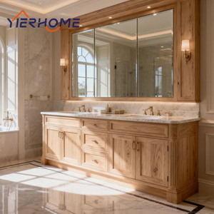 Meuble-lavabo double vasque moderne classique sur pied en bois massif, assemblage modulaire avec armoire miroir - Product Image 4
