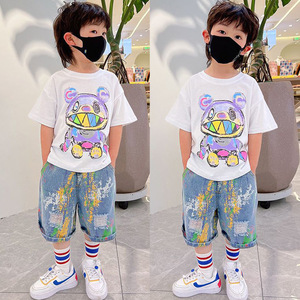 ชุดแขนสั้นสำหรับเด็กผู้ชาย, เสื้อยืดแฟชั่นสำหรับเด็กผู้ชายแนวชาวต่างชาติกางเกงยีนส์2023เสื้อผ้าเด็กใหม่สำหรับฤดูร้อน - Product Image 3