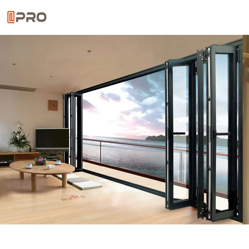 Puertas plegables de vidrio y aluminio para exteriores, doble acristalamiento, puerta biplegable para tienda