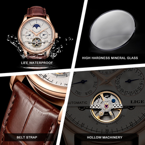 <span class=keywords><strong>Orologi</strong></span> da <span class=keywords><strong>Uomo</strong></span> LIGE LG6826 Orologio Meccanico Automatico Tourbillon in Pelle Marrone Casual da Lavoro con Confezione Regalo - Product Image 5