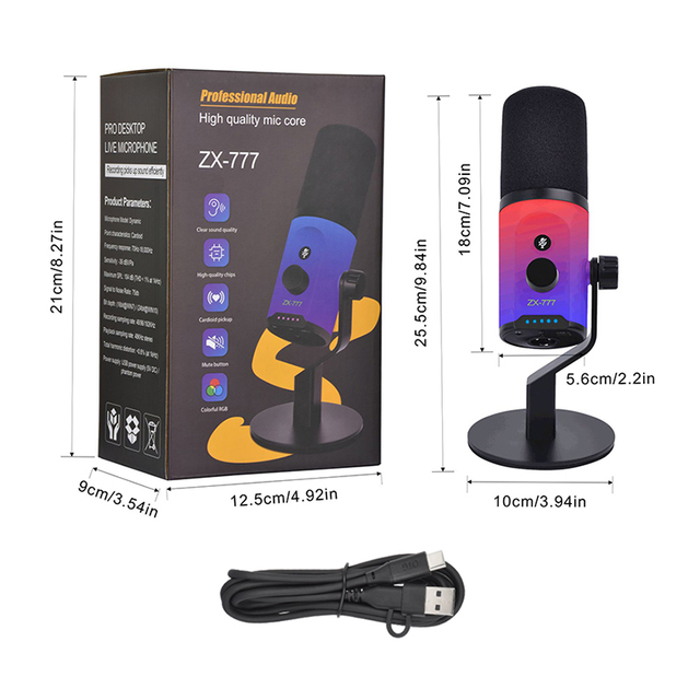 ZX-777 Professional USB/Wired Desktop Dynamic RGB Metal Microphone Cardioid Plug-and-Play Noise Reduction XLR/USB Dual Modes