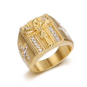 Bague Hip Hop pour Homme, style Signet, avec Croix Crucifix, motif Jésus, en Acier Inoxydable Plaqué Or 18K, entièrement sertie de Zircons, Cadeau - Product Image 4