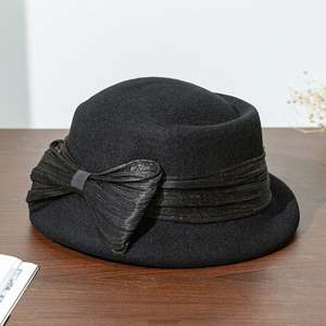 A120604 Chapeau en feutre 100% laine pour femme, couleur unie, béret élégant à bord incurvé, chapeau décontracté avec fleur et nœud - Product Image 5