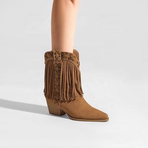 <span class=keywords><strong>Botas</strong></span> Vaqueras de Mujer Estilo Occidental, de Ante Sintético <span class=keywords><strong>con</strong></span> Flecos, Media Caña, Punta en Pico, <span class=keywords><strong>con</strong></span> <span class=keywords><strong>Cordones</strong></span> y Adornos, Cómodas para Verano, Otoño/Invierno - Product Image 1