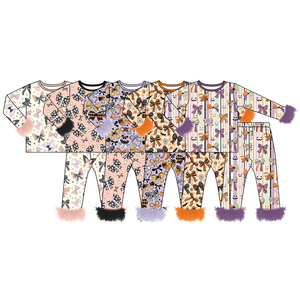 Combinaison à fermeture éclair pour bébés filles, motif citrouille personnalisé, en fausse fourrure, vêtements assortis pour sœurs, collection Halloween, vente en gros, boutique de vêtements mignons - Product Image 2