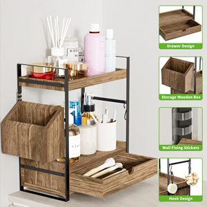 2-Tier Multifunction Standing Type Bathroom Counter Organizer Drawer <b>Basket</b> Wood Countertop <b>Storage</b> Skincare Organizers Vanity - Product Image 3