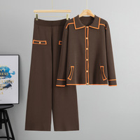 Ensemble deux pièces décontracté pour femme : pull en viscose à col mandarin anti-plis et pantalon large color block pour le printemps