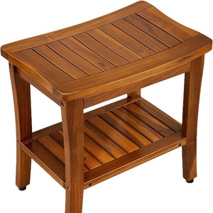 Tabouret de salle de bain en teck 51x34,5x47 cm, siège de douche à double rangement, bois massif - Product Image 5