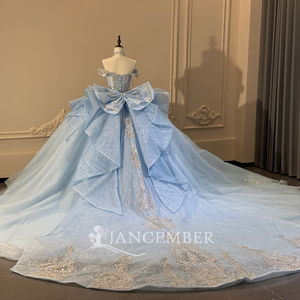 Xs313 Modern Stunning Crystal Choker Shoulder Scattered Rhinestone Ruffle Baby Blue Glitter <b>Ball</b> <b>Gown</b> Chapel Quinceanera Dress - Product Image 5