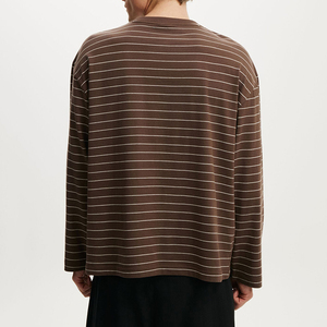 Factory design, stylish oatmeal <b>striped</b> regular-fit crew neck casual <b>long</b>-<b>sleeved</b> custom 100% cotton vintage t-<b>shirt</b> - Product Image 4