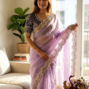 ผ้าซารีงานปักดิ้นทองดีไซน์เนอร์ Zari พร้อมงานปักเลื่อมและลายปัก Nc Zari Butti ผ้าซาติน Fandy ปักลายอย่างประณีต พร้อมเสื้อปักสำเร็จรูป - Product Image 1