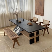 Ensemble de table à manger de luxe en bois massif de style nordique moderne avec 4 chaises et un banc de maison noir