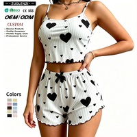 Ensemble de pyjamas d'été grande taille pour femmes, base blanche avec imprimé cœur noir, dos nu, vêtements d'intérieur