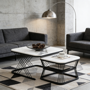 Современный набор из 2-х журнальных столиков, столешница из белого мрамора с черной металлической рамой, складные приставные столики для гостиной - Product Image 6