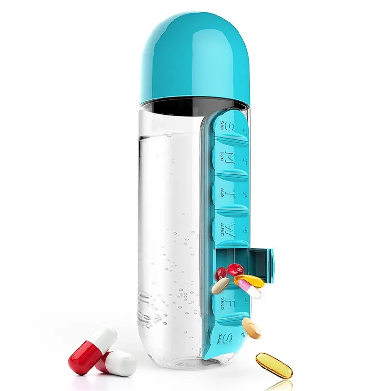Plastic or metal mini pill box with water bottle