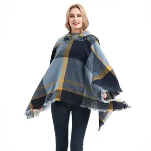 Wholesale Winter And Autumn New Stock Women Cape Hooded Cape Check Pattern Shawl Scarf