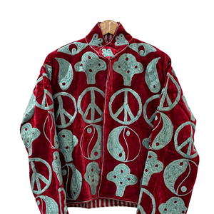 Handmade Maroon <b>Velvet</b> Embroidered <b>Jacket</b> with Peace And Ying Yang Pattern Full Sleeve Stand Collar Bohemian <b>Women's</b> Coat - Product Image 1