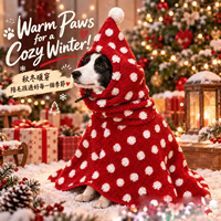 Tersedia Mantel Anjing Tebal Hangat Musim Dingin, Merah Hijau Polkadot, Berbahan Fleece dengan Tudung, untuk Anjing Sedang/Besar, Pakaian Hewan Peliharaan