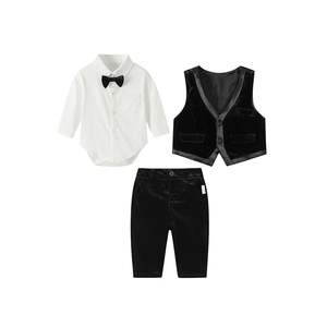 Vêtements pour bébé, garçon en bas âge, velours <span class=keywords><strong>noir</strong></span>, ensemble de 4 pièces, robe de gentleman, barboteuse, veste, pantalon + nœud papillon, costume en coton, 1 an - Product Image 1