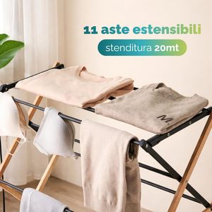 Séchoir à linge pliable sur pied en bambou et métal, 6 niveaux, extensible jusqu'à 9 mètres - Product Image 5