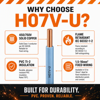 Câble de construction H07V-U en PVC à conducteur en cuivre massif, classe 1 IEC 60228, 450/750V, 1,5 2,5 4 6 10 16 mm², ignifuge, pour conduits et goulottes