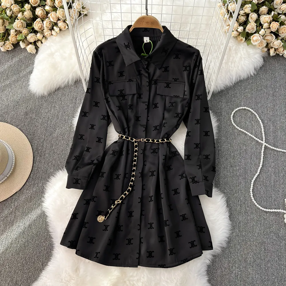 Spring Autumn Retro Lapel Long Sleeve Waist Satin Shirt Fashion A-Line Print Dress