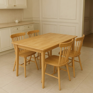 Modern Teak Wood <b>4</b> Seater Dining Table <b>Set</b> with Spindle Back <b>Chairs</b> - Product Image 1