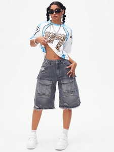 مخصص النساء السيدات الشارع الشهير السراويل الجينز فضفاض منتصف طول السراويل النساء الجينز جيوب السراويل - Product Image 3