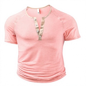 Men's Pink Regular Fit O-Neck Raglan Sleeve Short Sleeve Contrast Trim Casual Knitted Solid Color Eco-Friendly T-Shirt - Product Image 1