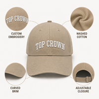 Gorra de Béisbol Personalizada TOP CROWN Bordada, Lavada, Estilo Vintage, Visera Curva, Ajustable, de Algodón, OEM ODM