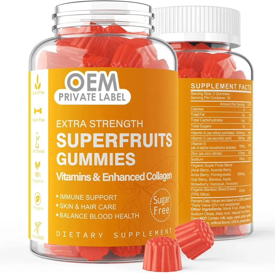 Biocaro OEM özel etiket Superfruit Gummies Vegan meyve vitaminleri beslenme takviyesi için bağışıklık desteği ve denge kan