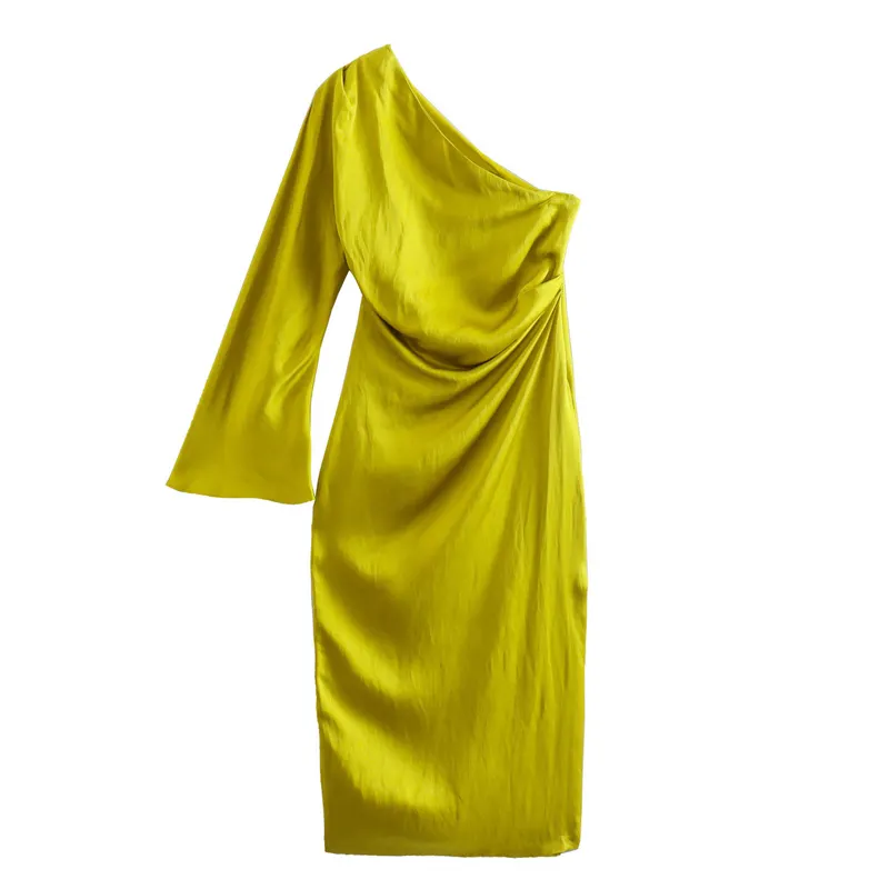 Customized 2022 autumn asymmetric pleated silk texture long slit dress Robe Female Fashion Elegant Pleated Sundress Dress Office