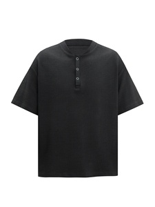 T-shirt décontracté ample en coton mélangé style <span class=keywords><strong>Old</strong></span> Money vintage américain, col <span class=keywords><strong>Henry</strong></span>, respirant, traitement anti-plis, effet délavé - Product Image 1