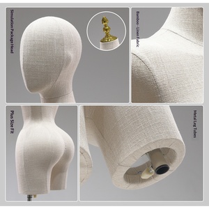 Maniquí de Medio Cuerpo Femenino de Tela de Lino <span class=keywords><strong>con</strong></span> <span class=keywords><strong>Brazos</strong></span> <span class=keywords><strong>Articulados</strong></span> de Madera y Base Dorada para Exhibición en Tiendas de Ropa - Product Image 3
