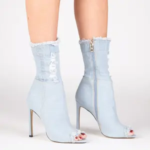 新款上市浅蓝色牛仔定制品牌女士尖头高跟鞋女童牛仔靴