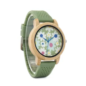 BOBO BIRD bamboo wood plastic watches silicone flower printing green strap with custom logo