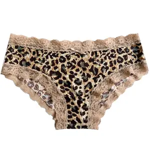 Ropa interior de encaje con estampado de leopardo para mujer, bragas de seda de hielo lisa de tiro bajo, Bikini Hipster