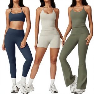 Women's Solid Square Neck Activewear 5-Piece Workout <b>Set</b> High Waist Flare Pants <b>Gym</b> Fitness Yoga Anti-Wrinkle Belt Front - Product Image 4