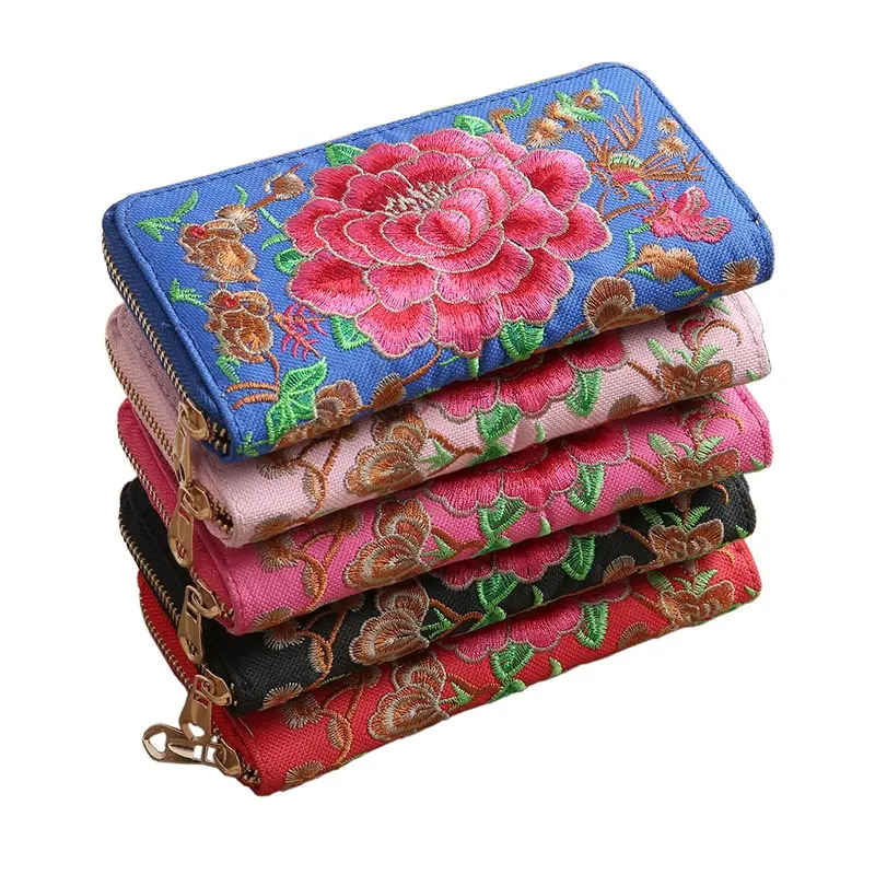New Ethnic Wallet Cloth Fabric Embroidered Rose Large Capacity Women Wallet Card Holder Wallet Hand Mobile Phone Bags