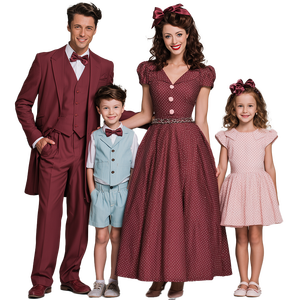 Ensembles assortis rétro pour la famille, robe à pois bordeaux pour maman, costume pour papa, gilet pour garçon, robe courte pour fille, pour séance photo, mariage - Product Image 1