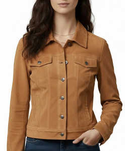 Chaqueta de Cuero Genuino de Primera Calidad para Mujer, Estilo Trucker, Diseño Sólido, Transpirable, para Primavera/Otoño, con Botones y Bolsillos - Product Image 2